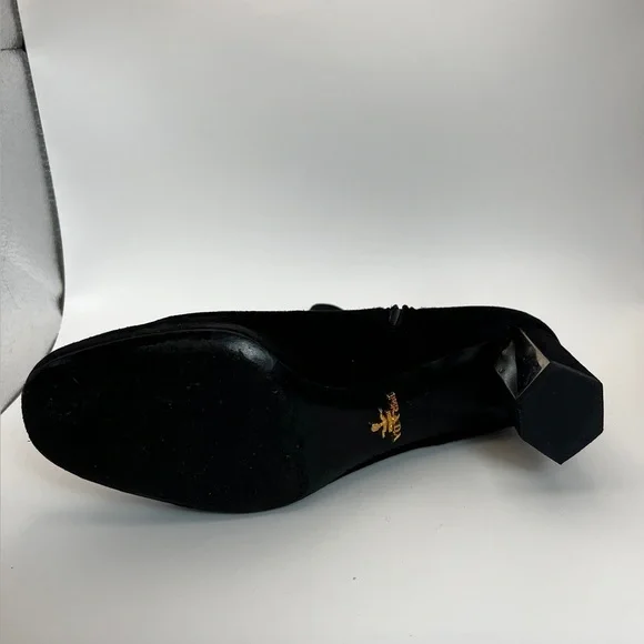 Prada Black Suede Block Heeled Booties with mirror detail on heel 37.5